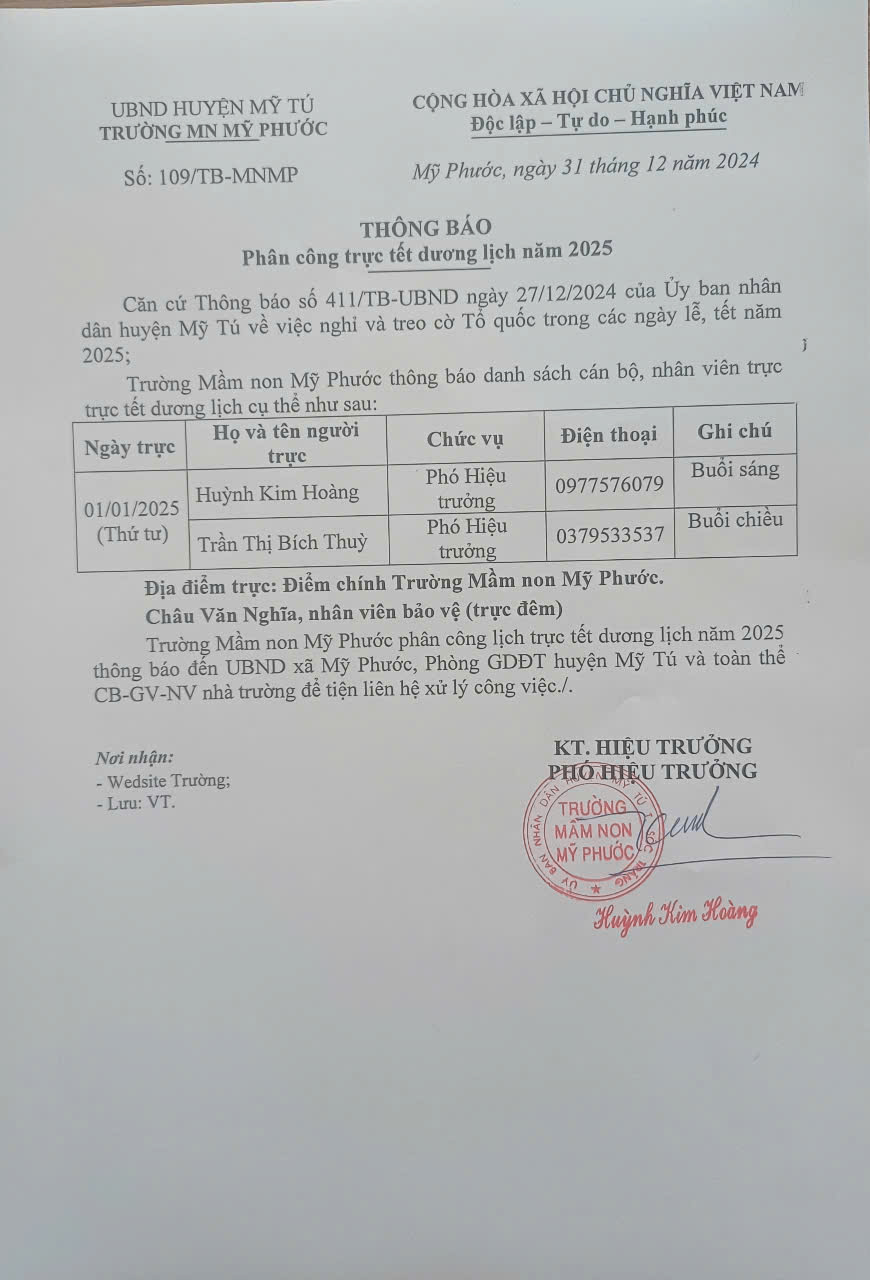 LỊCH TRỰC TẾT DƯƠNG LỊCH 2025